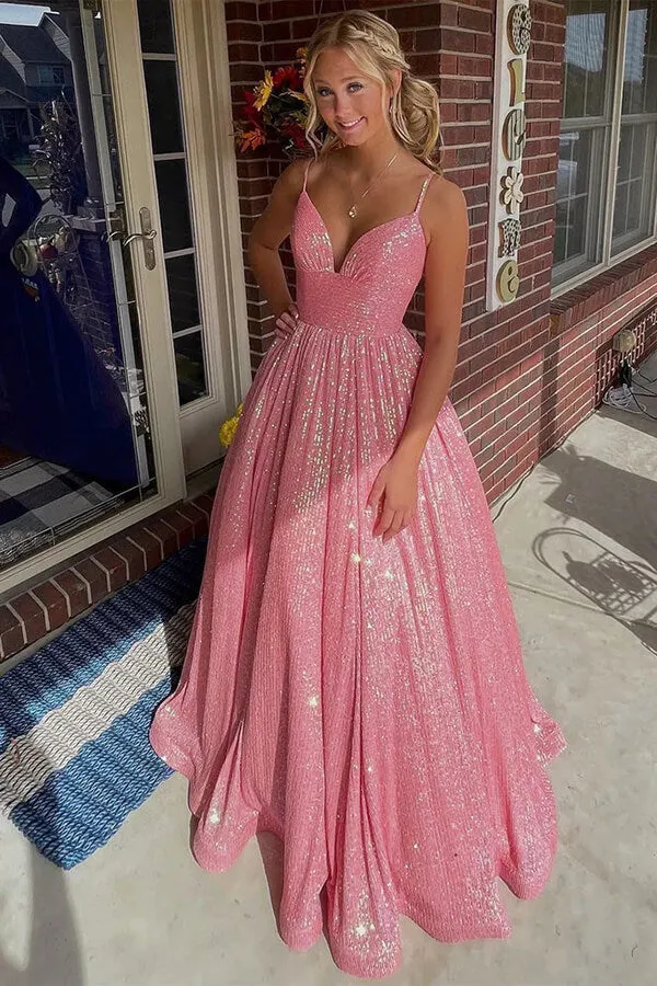 Shiny A-line Spaghetti Straps V Neckline Prom Dresses With Pockets, MP811