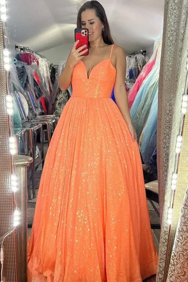 Shiny A-line Spaghetti Straps V Neckline Prom Dresses With Pockets, MP811