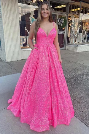 Shiny A-line Spaghetti Straps V Neckline Prom Dresses With Pockets, MP811