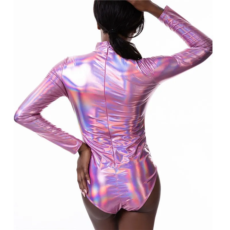 Shiny Holographic Women Bodysuit With Long Sleeve O Neck Wet Look Back Zipper Skinny Playsuits Summer Party Night Club Jumpsuits