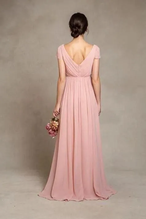Short Sleeves Pink Chiffon Bridesmaid Dress V-neckline
