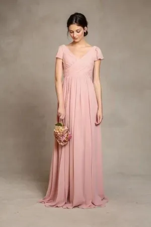 Short Sleeves Pink Chiffon Bridesmaid Dress V-neckline