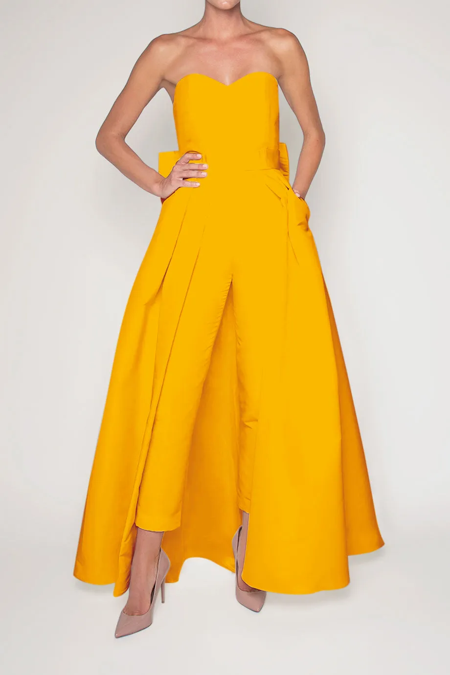 Silk Faille Bow Back Jumpsuit with Convertible Skirt