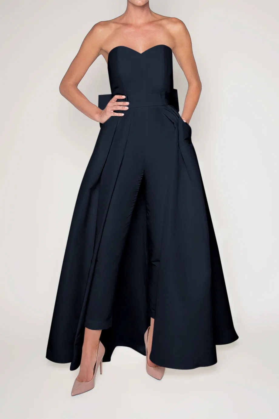 Silk Faille Bow Back Jumpsuit with Convertible Skirt