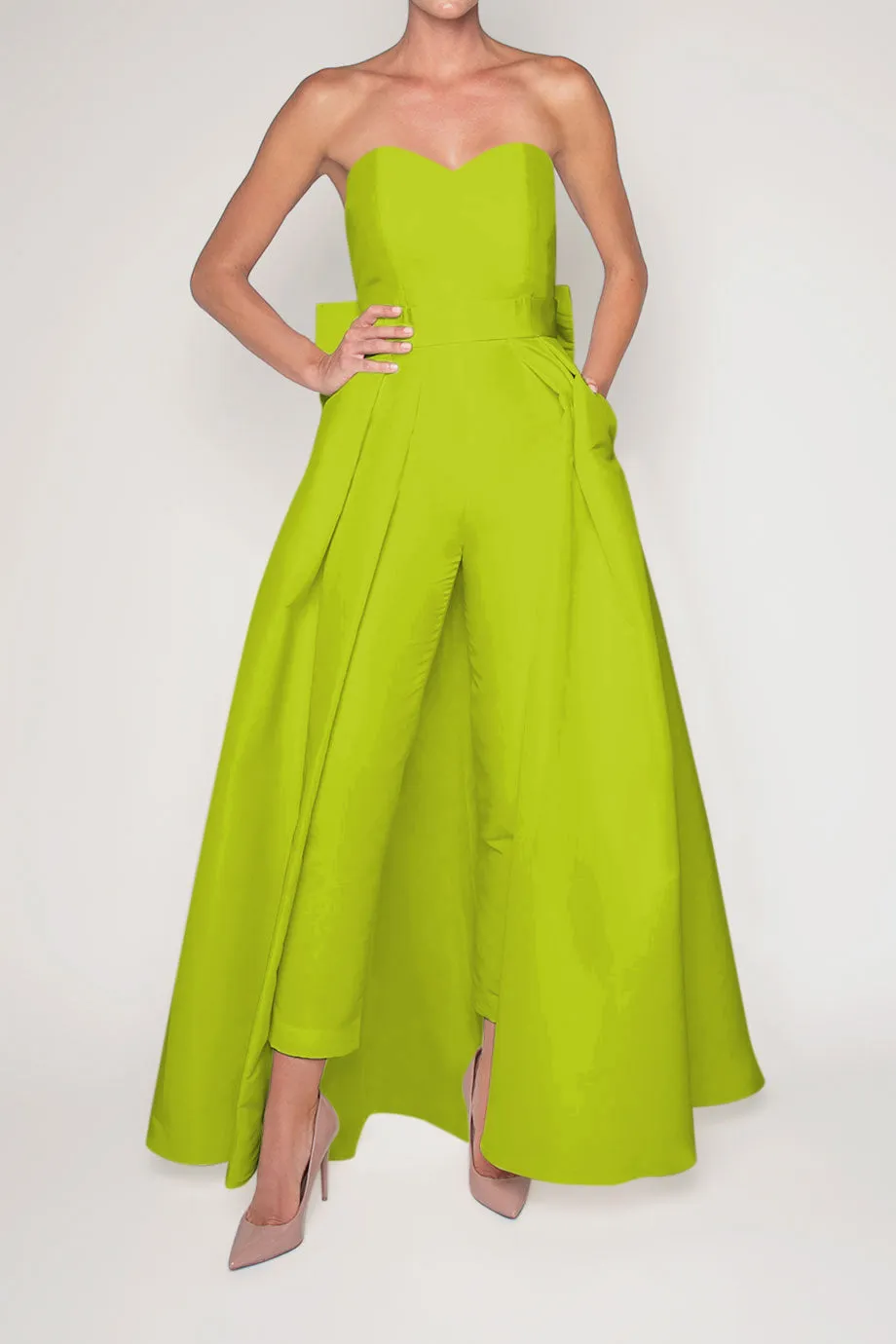 Silk Faille Bow Back Jumpsuit with Convertible Skirt