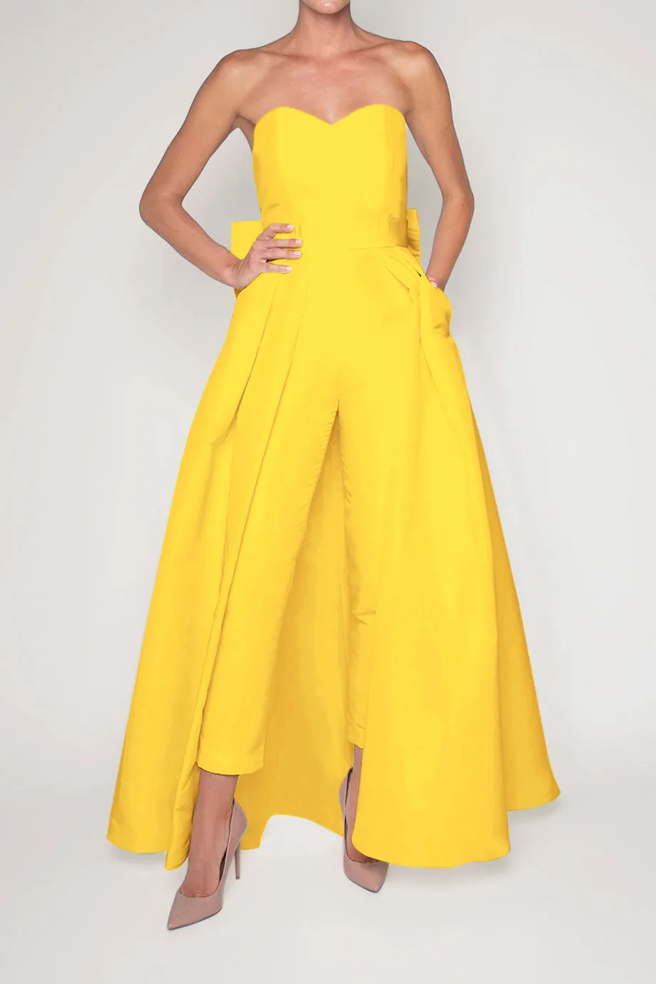 Silk Faille Bow Back Jumpsuit with Convertible Skirt