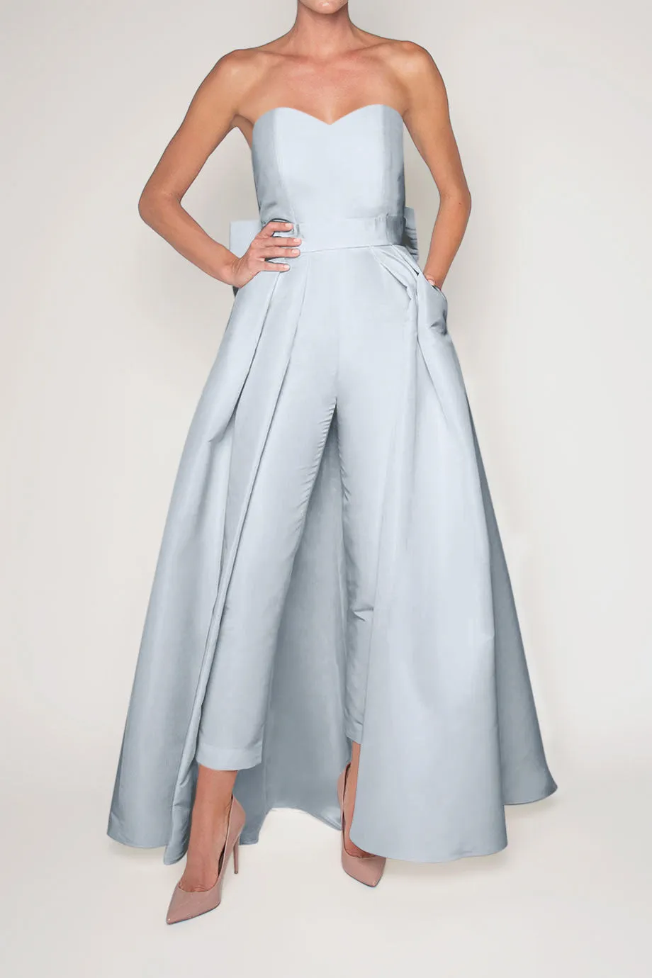 Silk Faille Bow Back Jumpsuit with Convertible Skirt