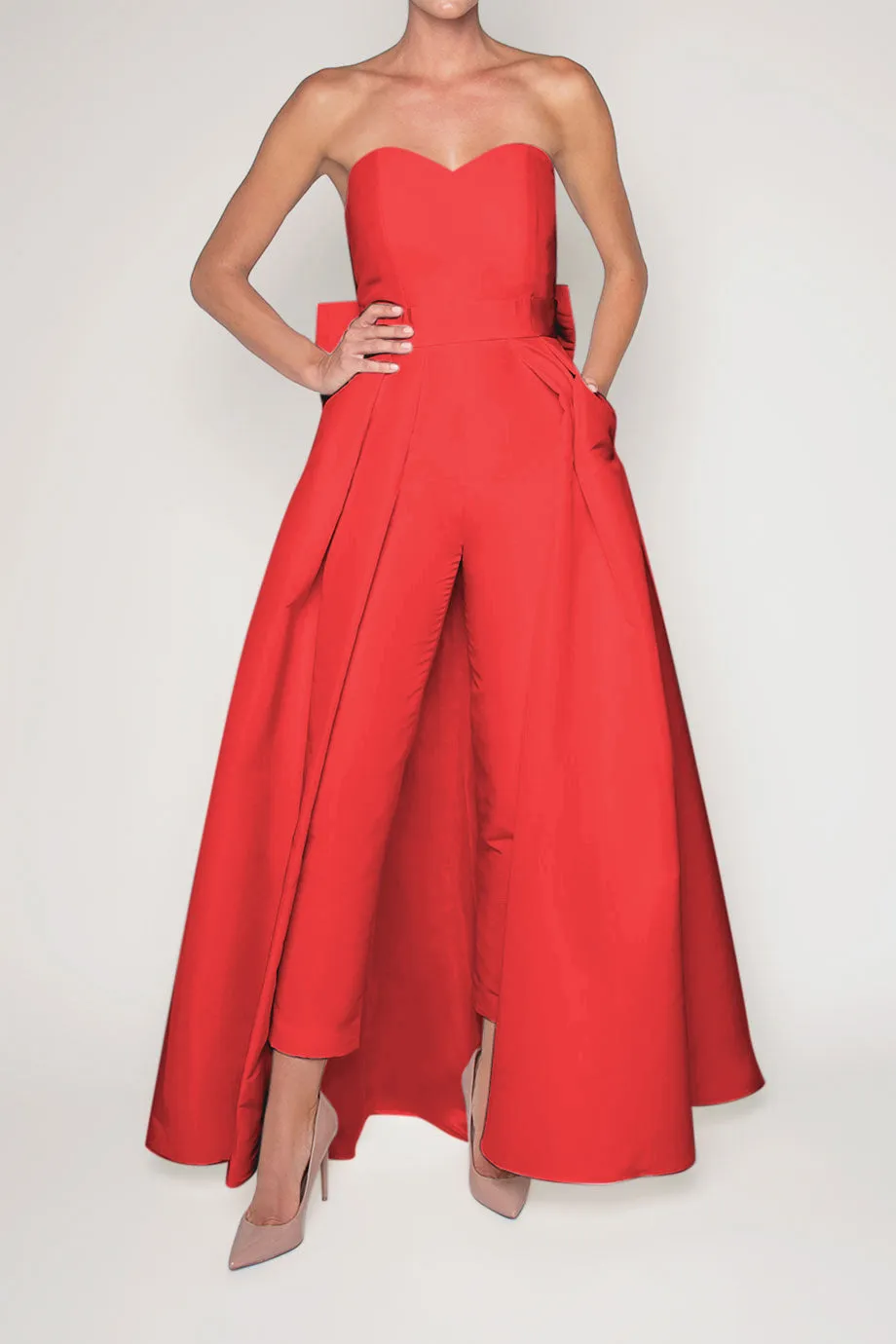 Silk Faille Bow Back Jumpsuit with Convertible Skirt
