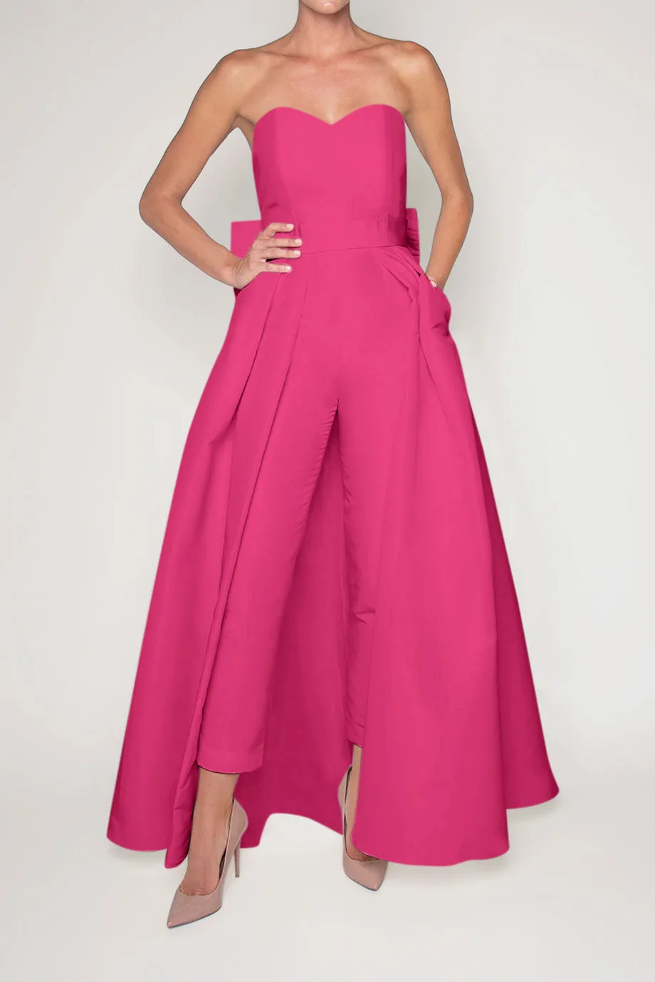 Silk Faille Bow Back Jumpsuit with Convertible Skirt