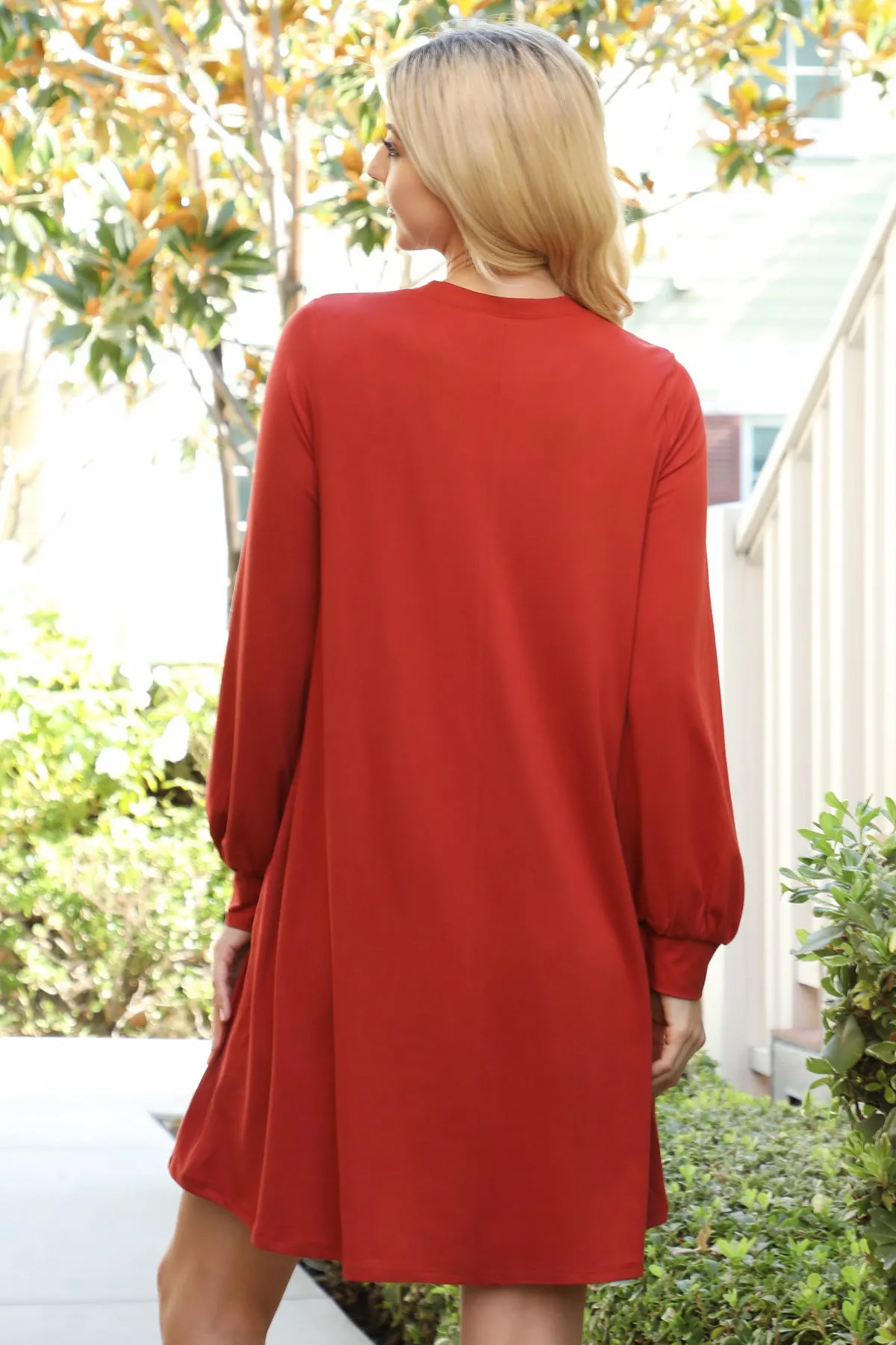 Solid Round Neckline Long Sleeve Dress