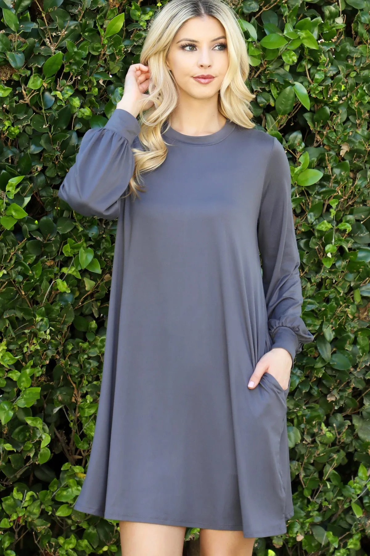 Solid Round Neckline Long Sleeve Dress
