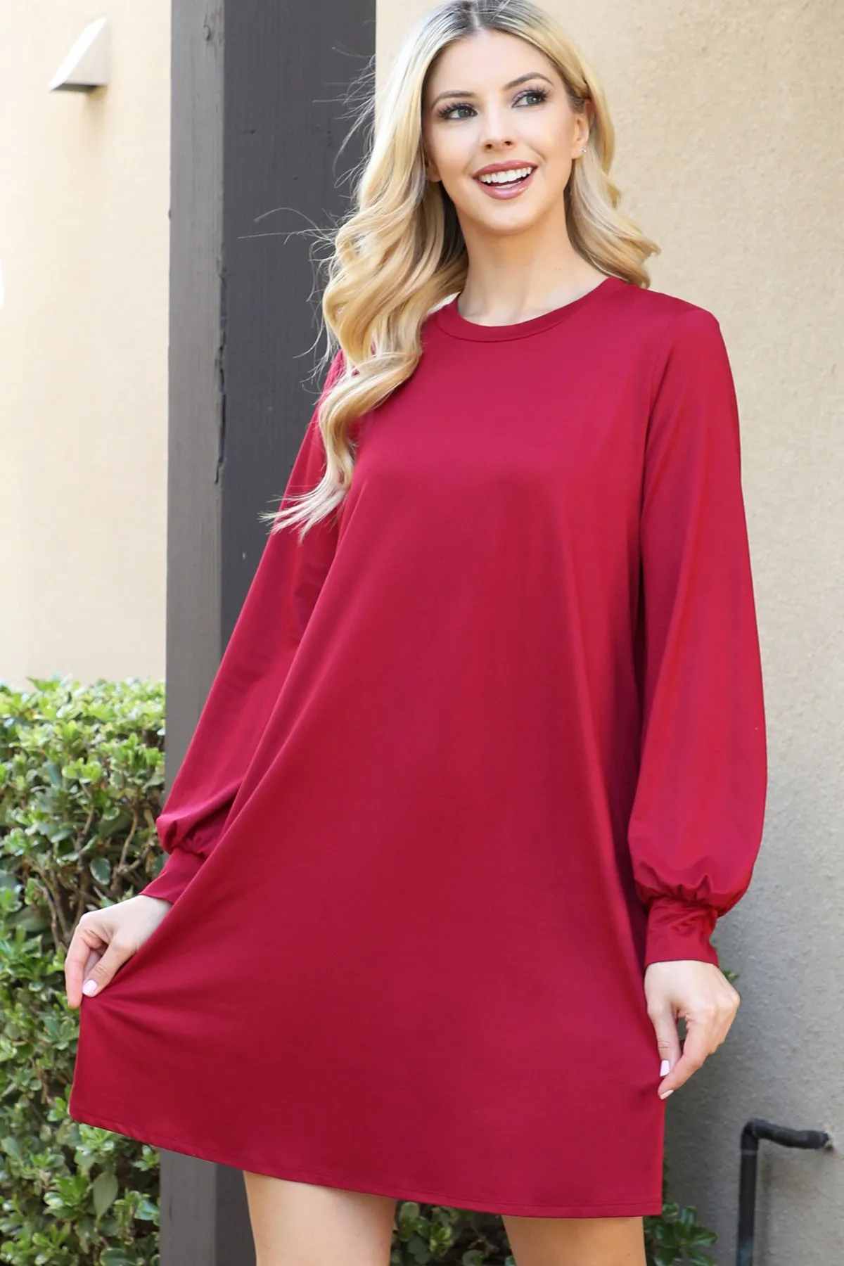 Solid Round Neckline Long Sleeve Dress