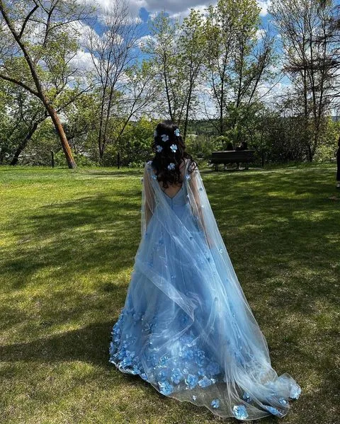 Sparkly Tulle Blue V Neck Cheap Prom Dresses 3D Flowers with Cape
