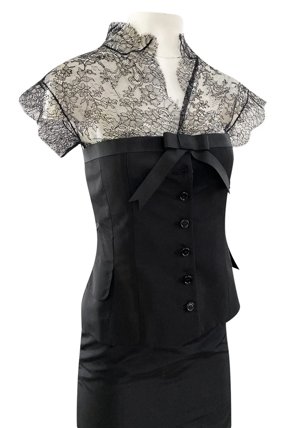 Spring 2004 Alexander McQueen Black Silk Taffeta and Black Lace Detailed Top & Skirt Set