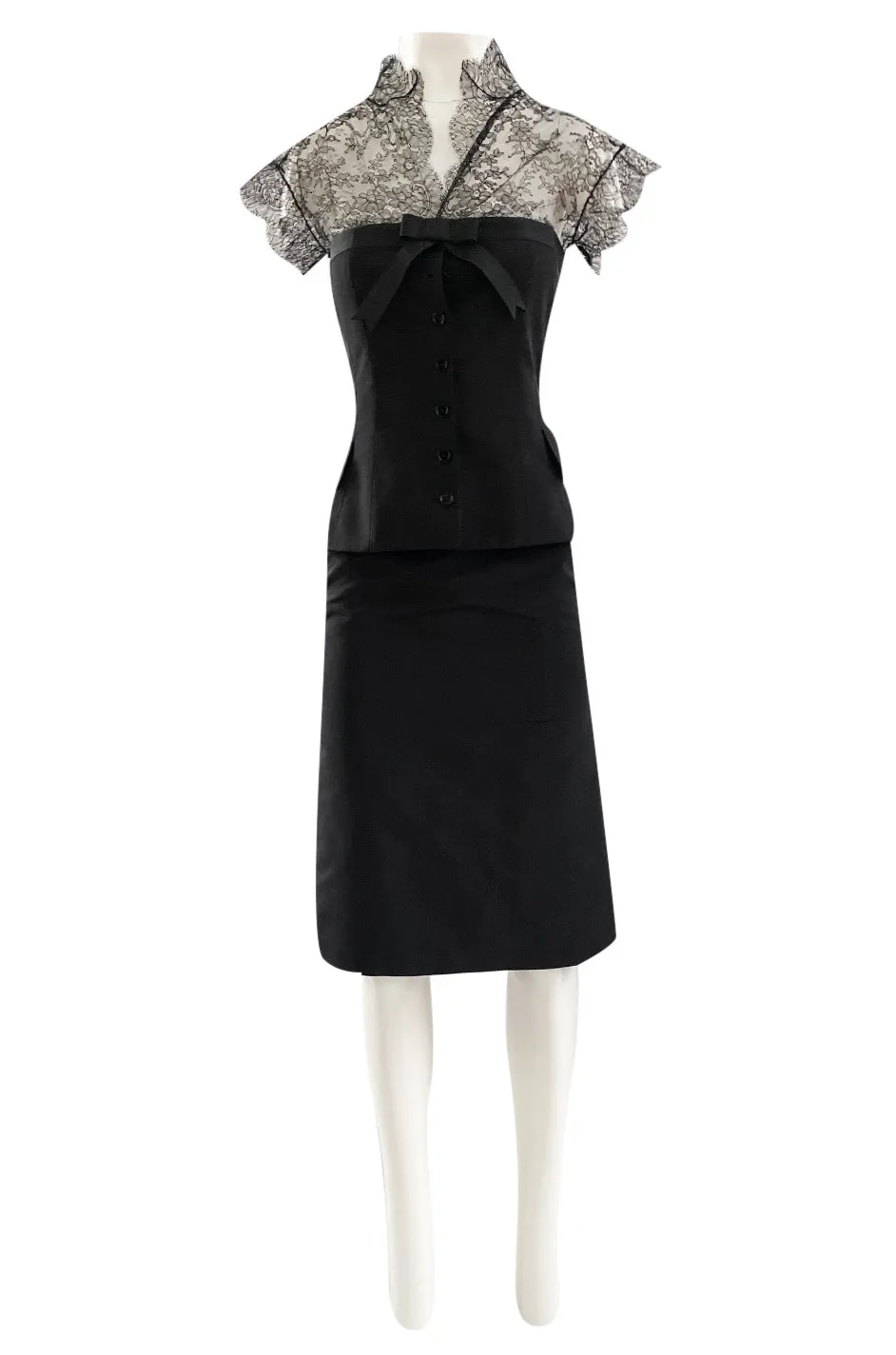 Spring 2004 Alexander McQueen Black Silk Taffeta and Black Lace Detailed Top & Skirt Set