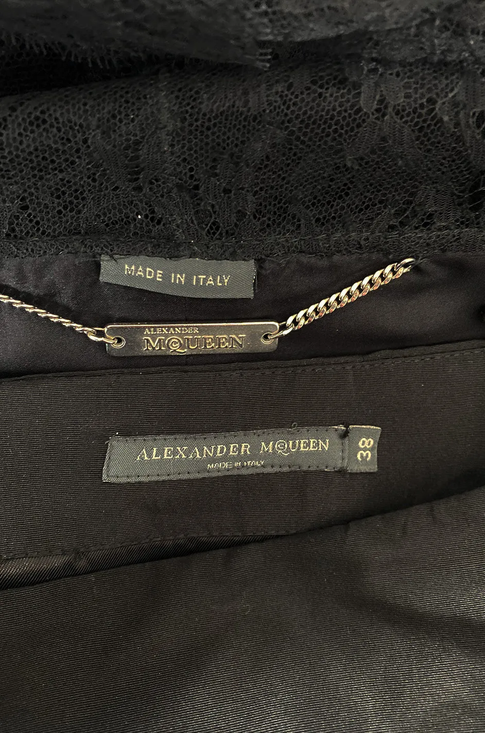 Spring 2004 Alexander McQueen Black Silk Taffeta and Black Lace Detailed Top & Skirt Set