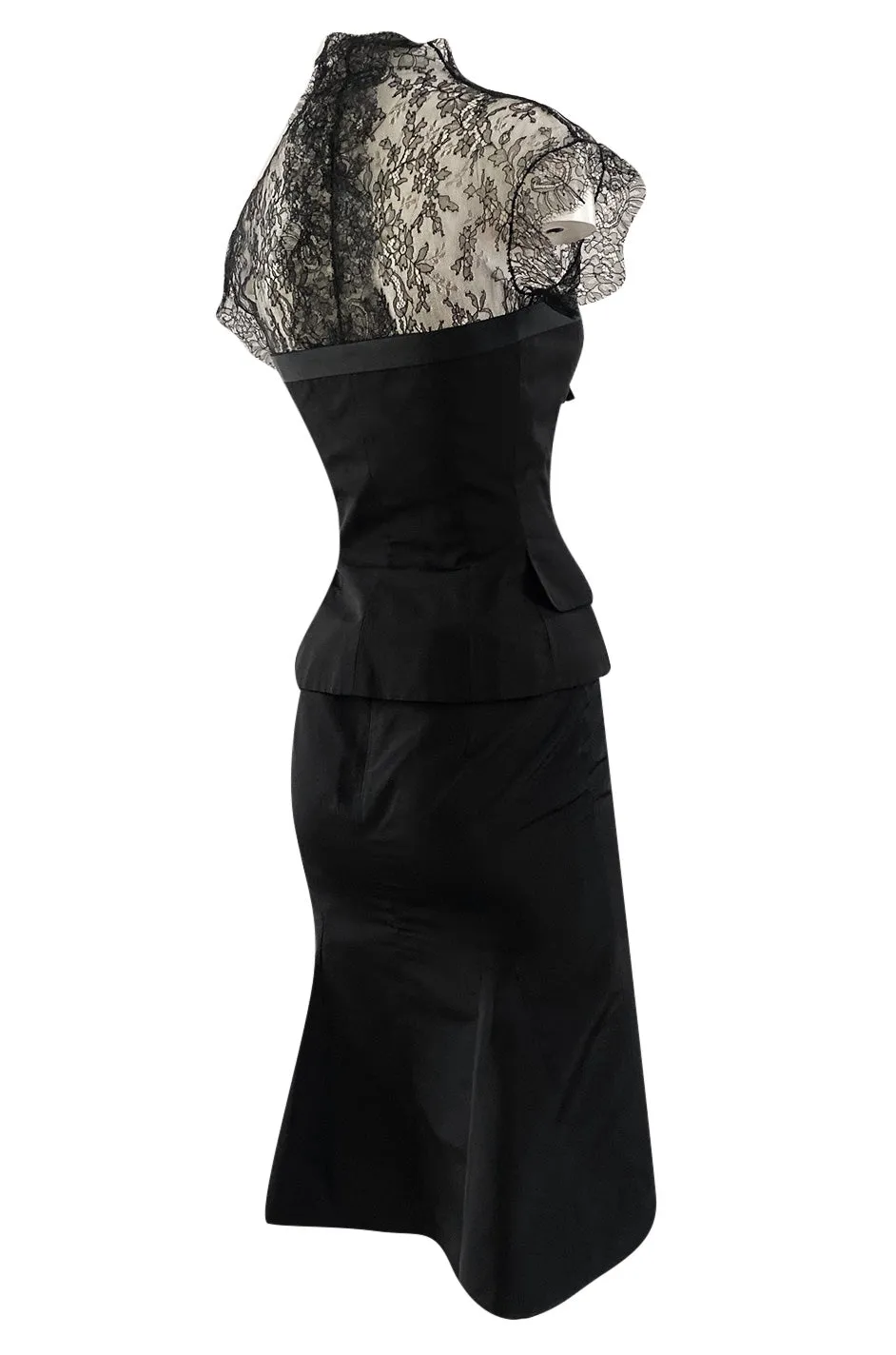 Spring 2004 Alexander McQueen Black Silk Taffeta and Black Lace Detailed Top & Skirt Set