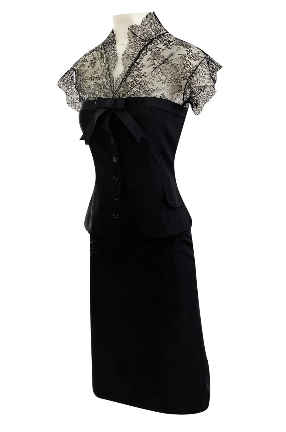 Spring 2004 Alexander McQueen Black Silk Taffeta and Black Lace Detailed Top & Skirt Set