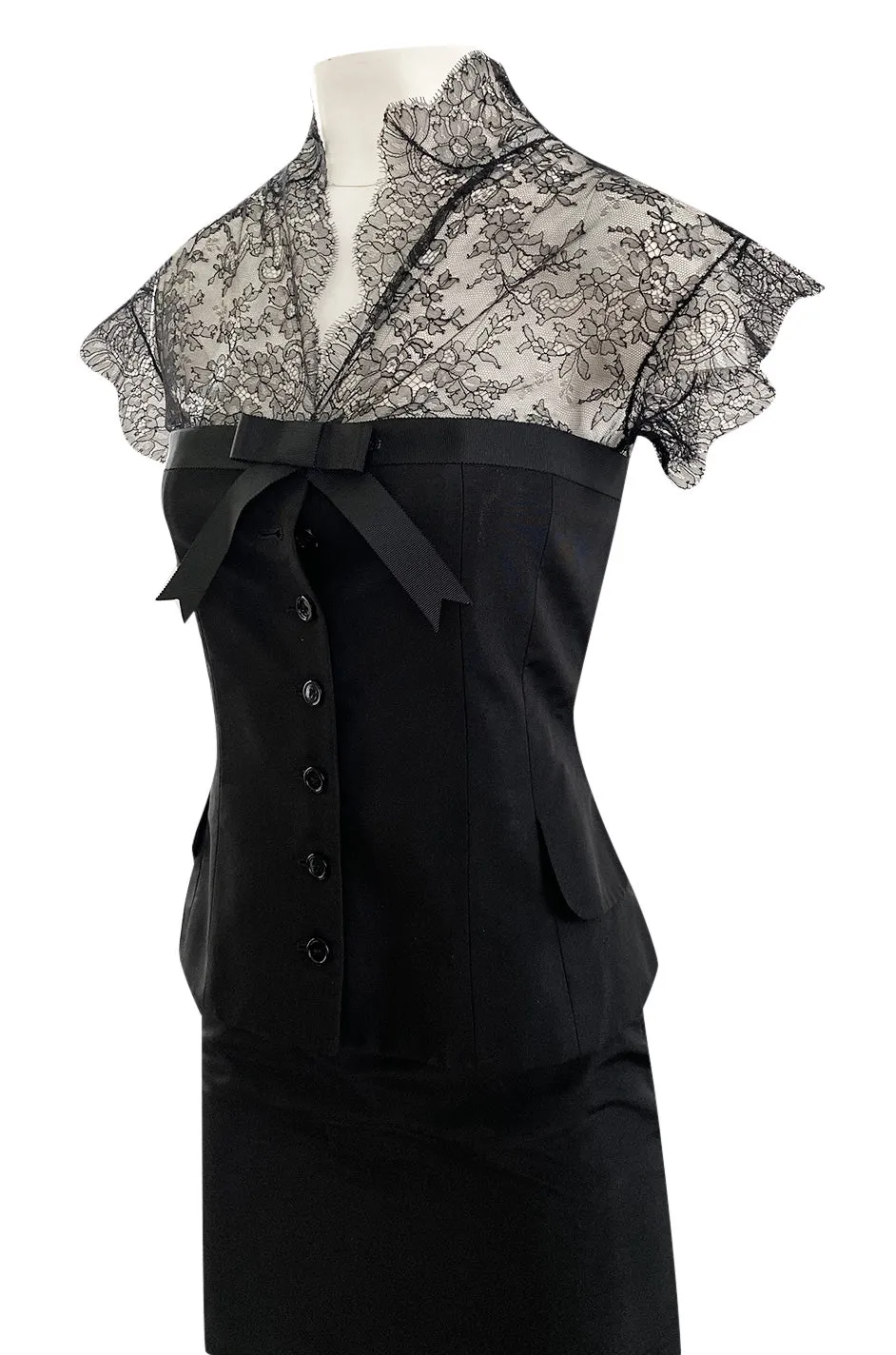 Spring 2004 Alexander McQueen Black Silk Taffeta and Black Lace Detailed Top & Skirt Set