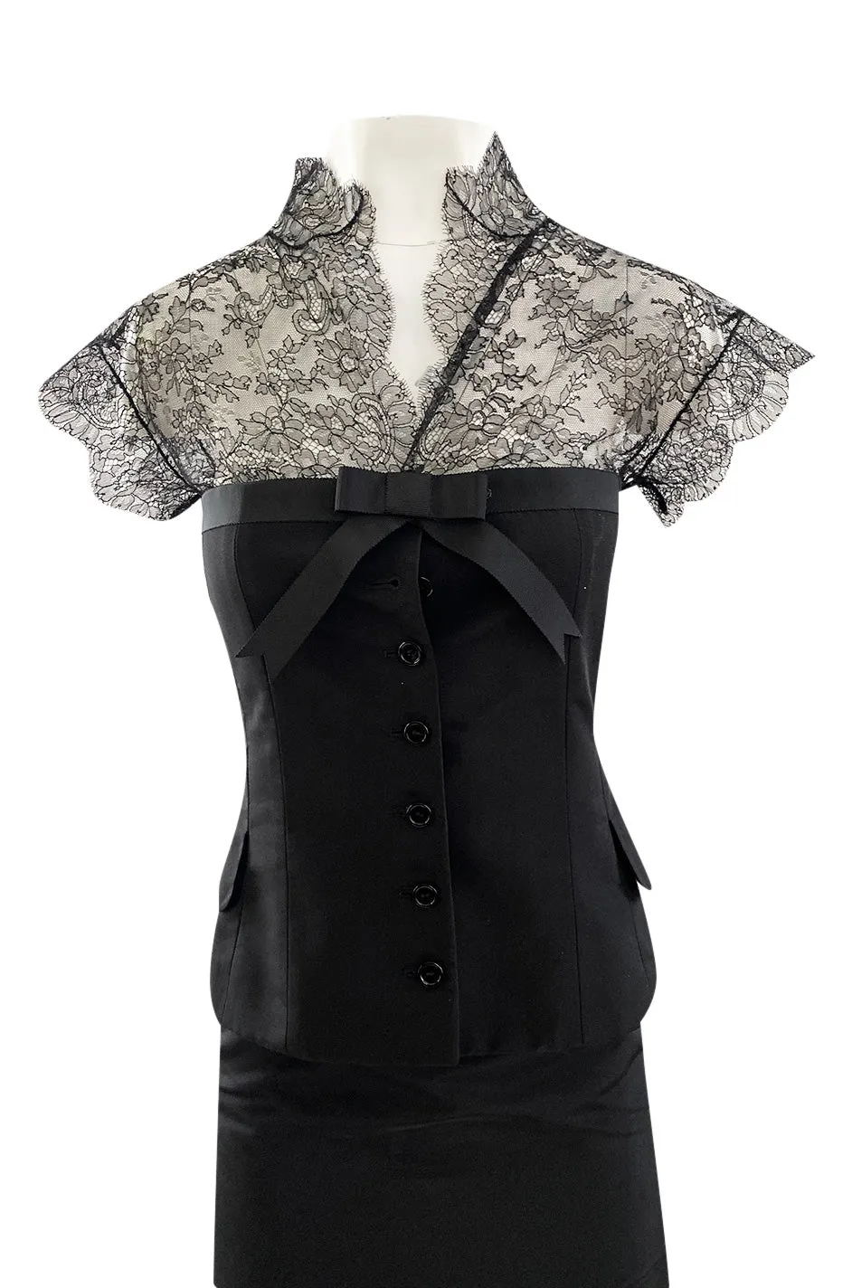 Spring 2004 Alexander McQueen Black Silk Taffeta and Black Lace Detailed Top & Skirt Set