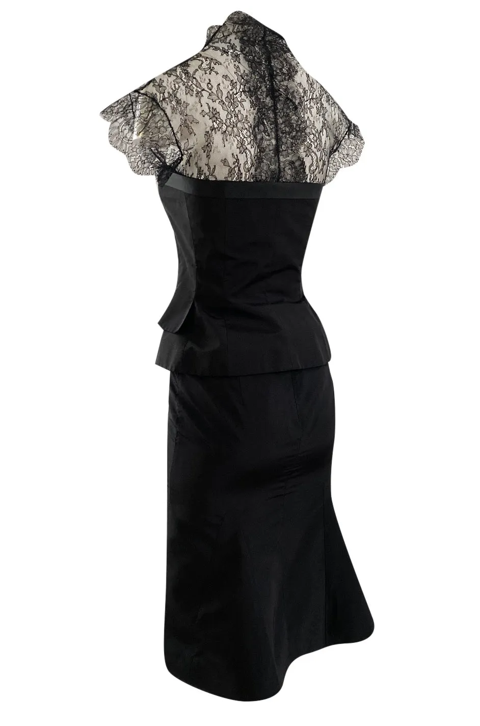 Spring 2004 Alexander McQueen Black Silk Taffeta and Black Lace Detailed Top & Skirt Set