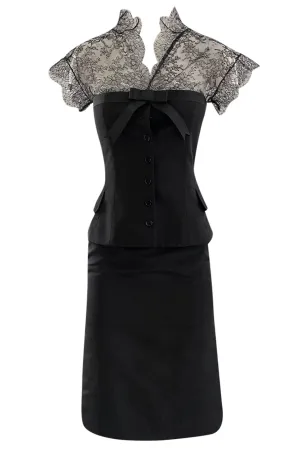 Spring 2004 Alexander McQueen Black Silk Taffeta and Black Lace Detailed Top & Skirt Set