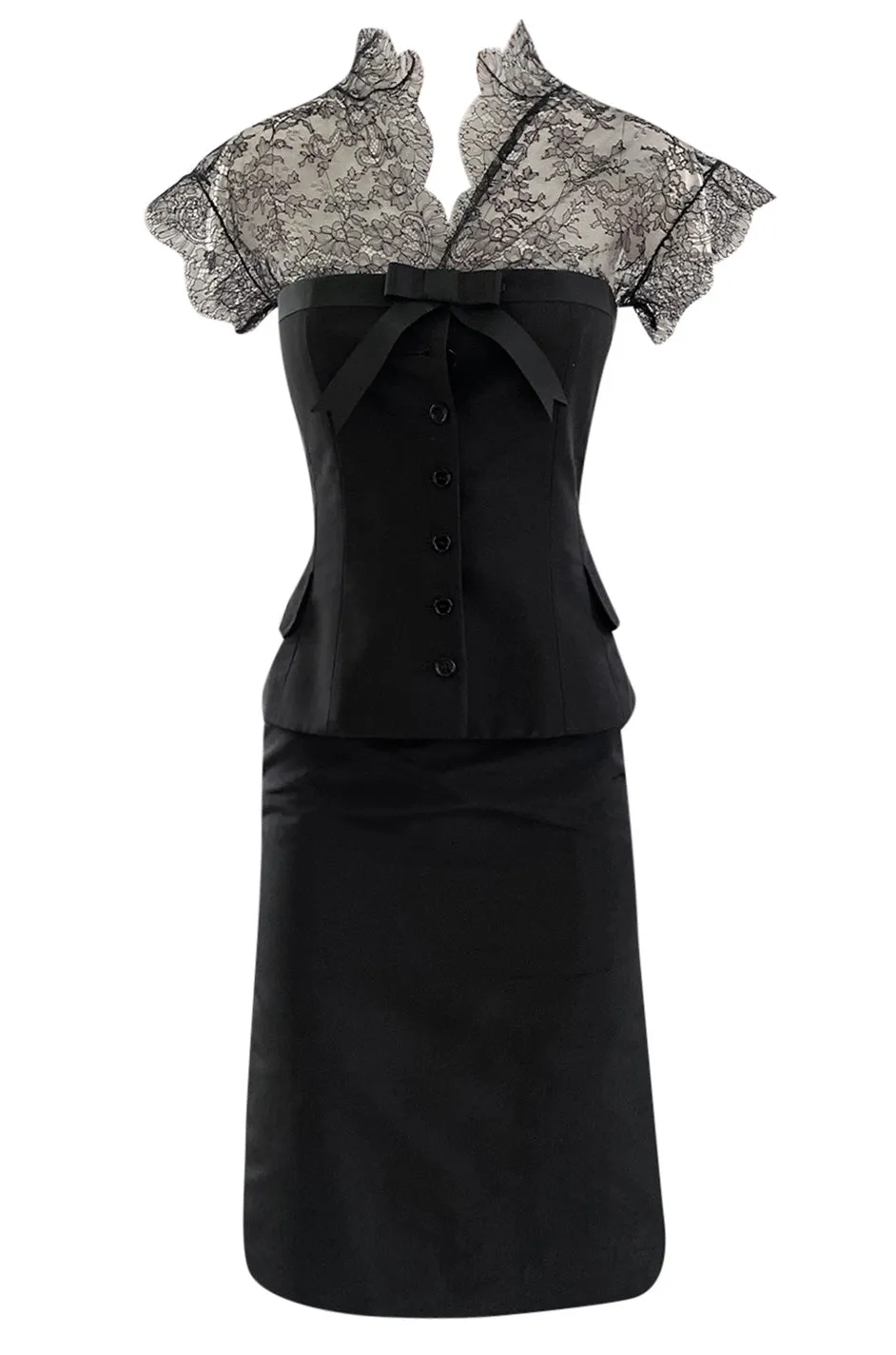 Spring 2004 Alexander McQueen Black Silk Taffeta and Black Lace Detailed Top & Skirt Set