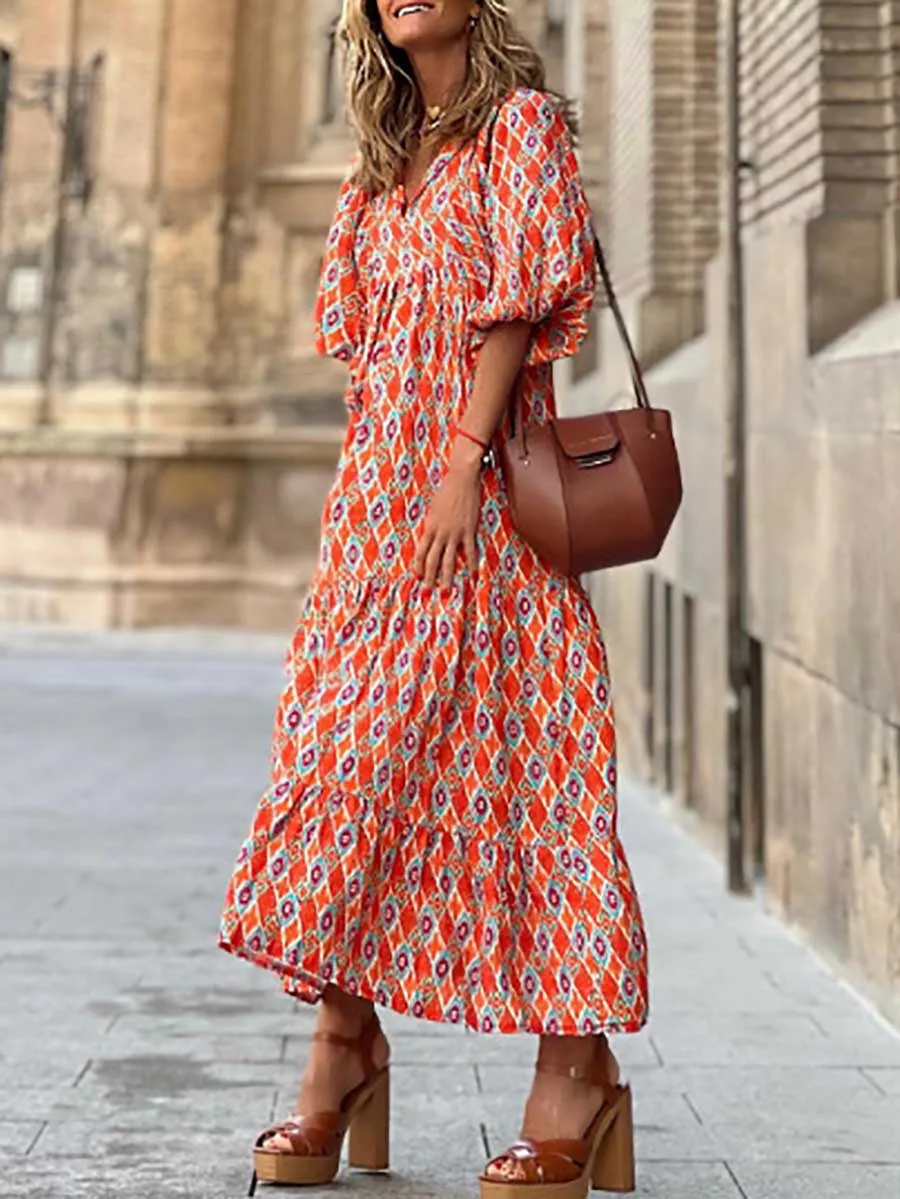 Stunncal Printed Bubble Sleeve Dress