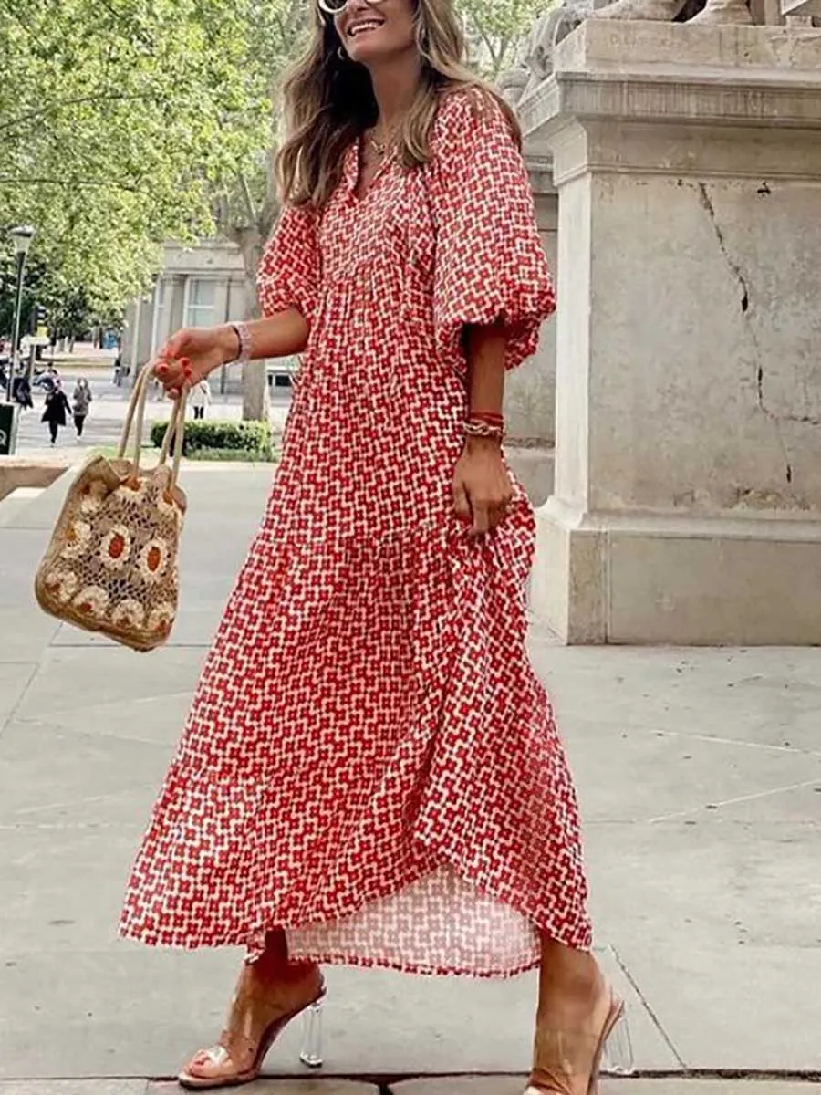 Stunncal Printed Bubble Sleeve Dress