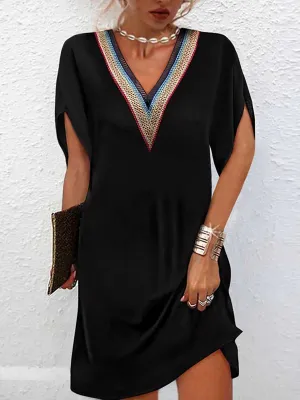 Stunncal Temperament Clashing Color V-Neck Black Dress