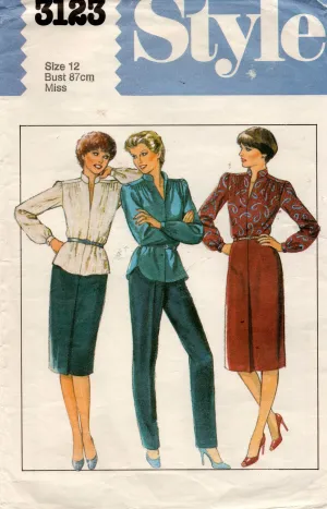 Style 3123 Womens Stand Collar Shirt Pants & Pencil Skirt 1980s Vintage Sewing Pattern Size 12 Bust 34 inches