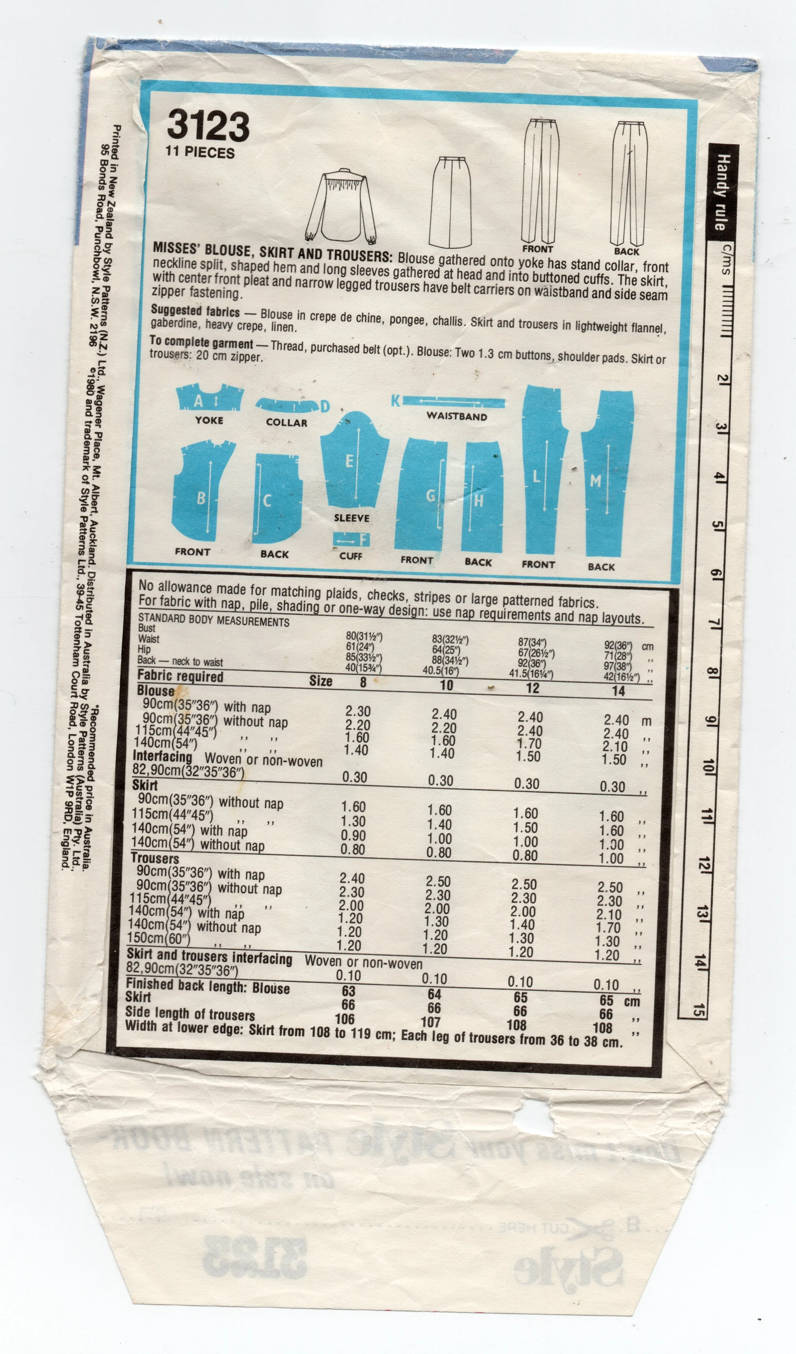 Style 3123 Womens Stand Collar Shirt Pants & Pencil Skirt 1980s Vintage Sewing Pattern Size 12 Bust 34 inches