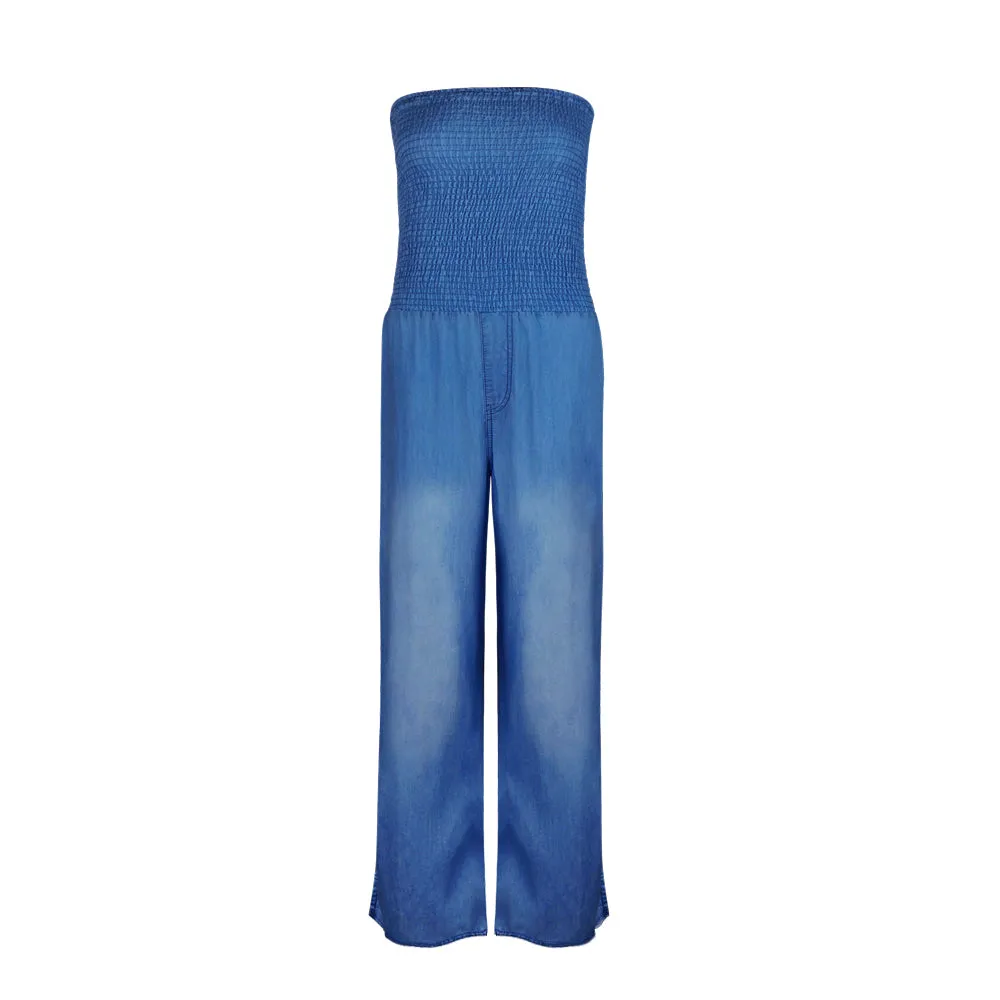 Tube Top Strapless Elastic Waist Slit Leg Denim Jumpsuit