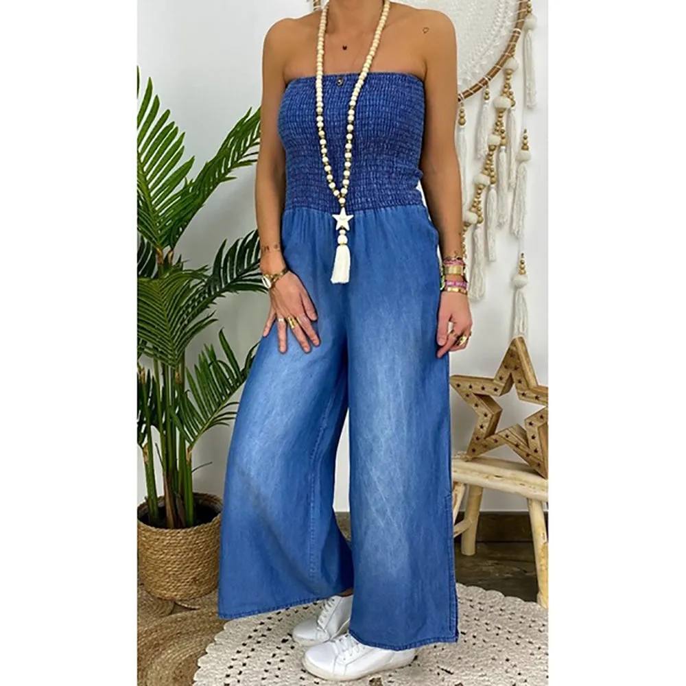 Tube Top Strapless Elastic Waist Slit Leg Denim Jumpsuit