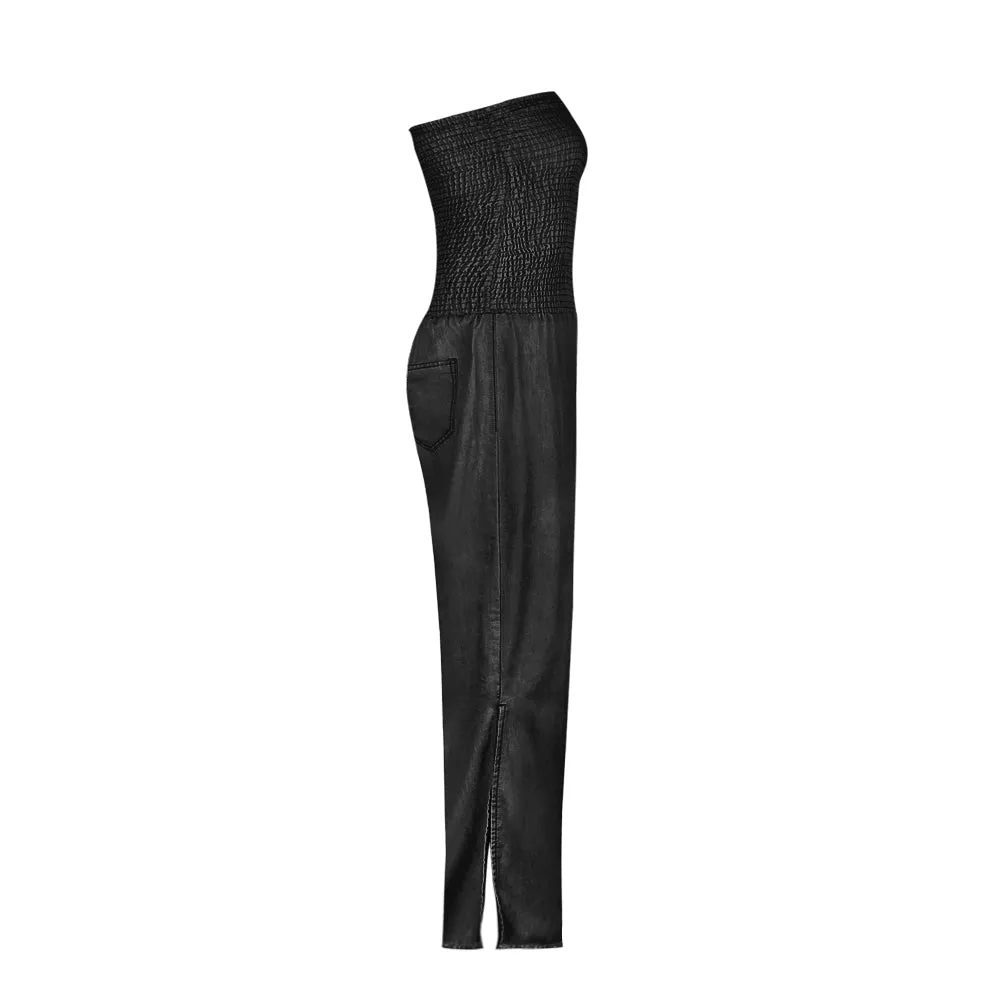 Tube Top Strapless Elastic Waist Slit Leg Denim Jumpsuit