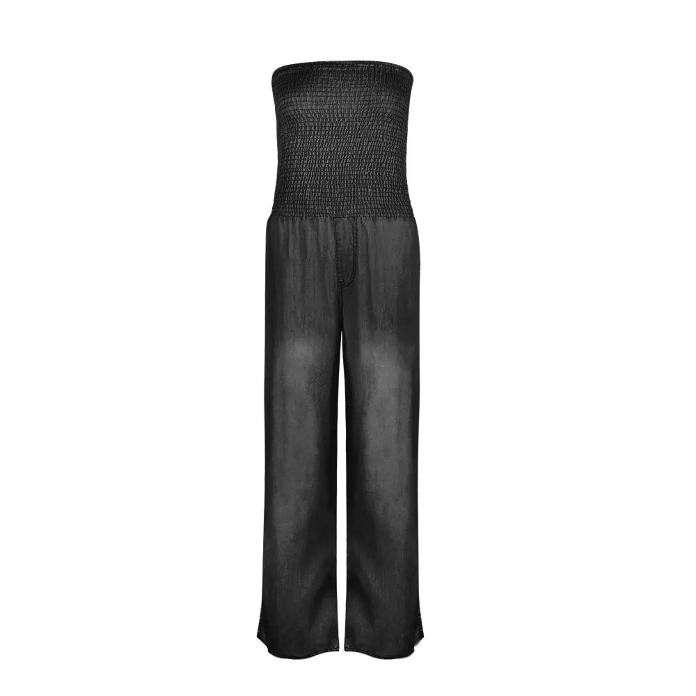 Tube Top Strapless Elastic Waist Slit Leg Denim Jumpsuit