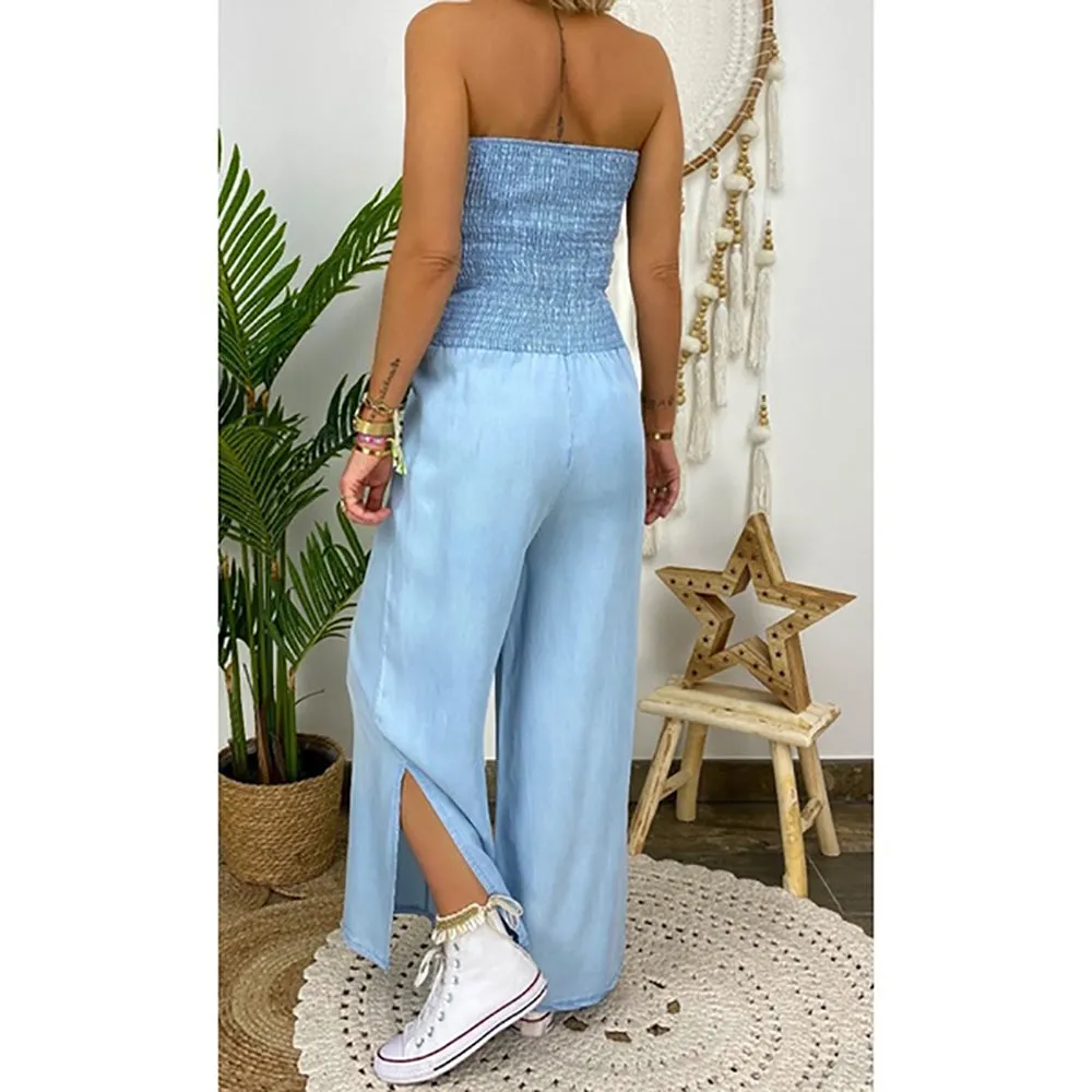 Tube Top Strapless Elastic Waist Slit Leg Denim Jumpsuit