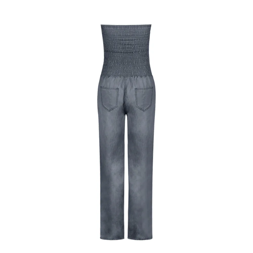 Tube Top Strapless Elastic Waist Slit Leg Denim Jumpsuit