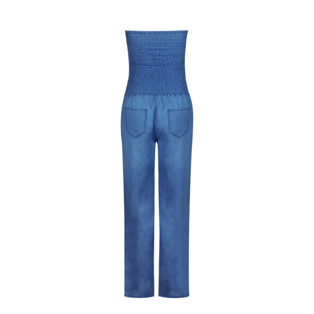 Tube Top Strapless Elastic Waist Slit Leg Denim Jumpsuit