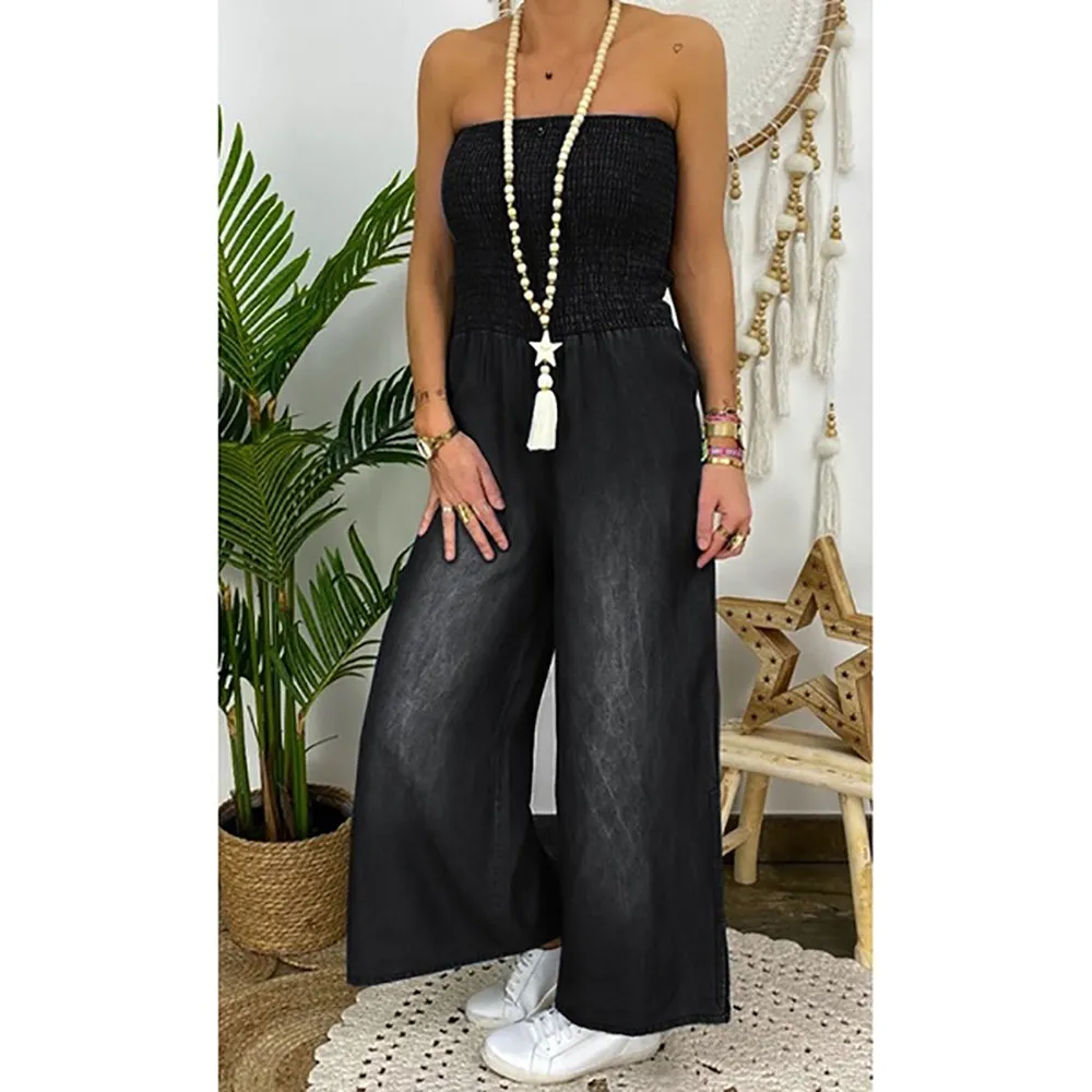 Tube Top Strapless Elastic Waist Slit Leg Denim Jumpsuit