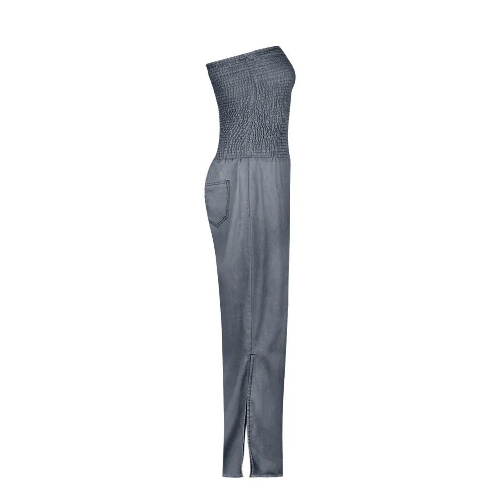 Tube Top Strapless Elastic Waist Slit Leg Denim Jumpsuit