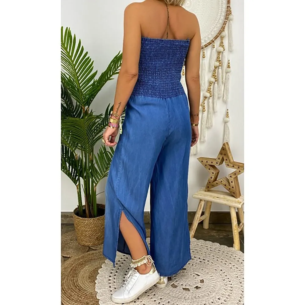 Tube Top Strapless Elastic Waist Slit Leg Denim Jumpsuit