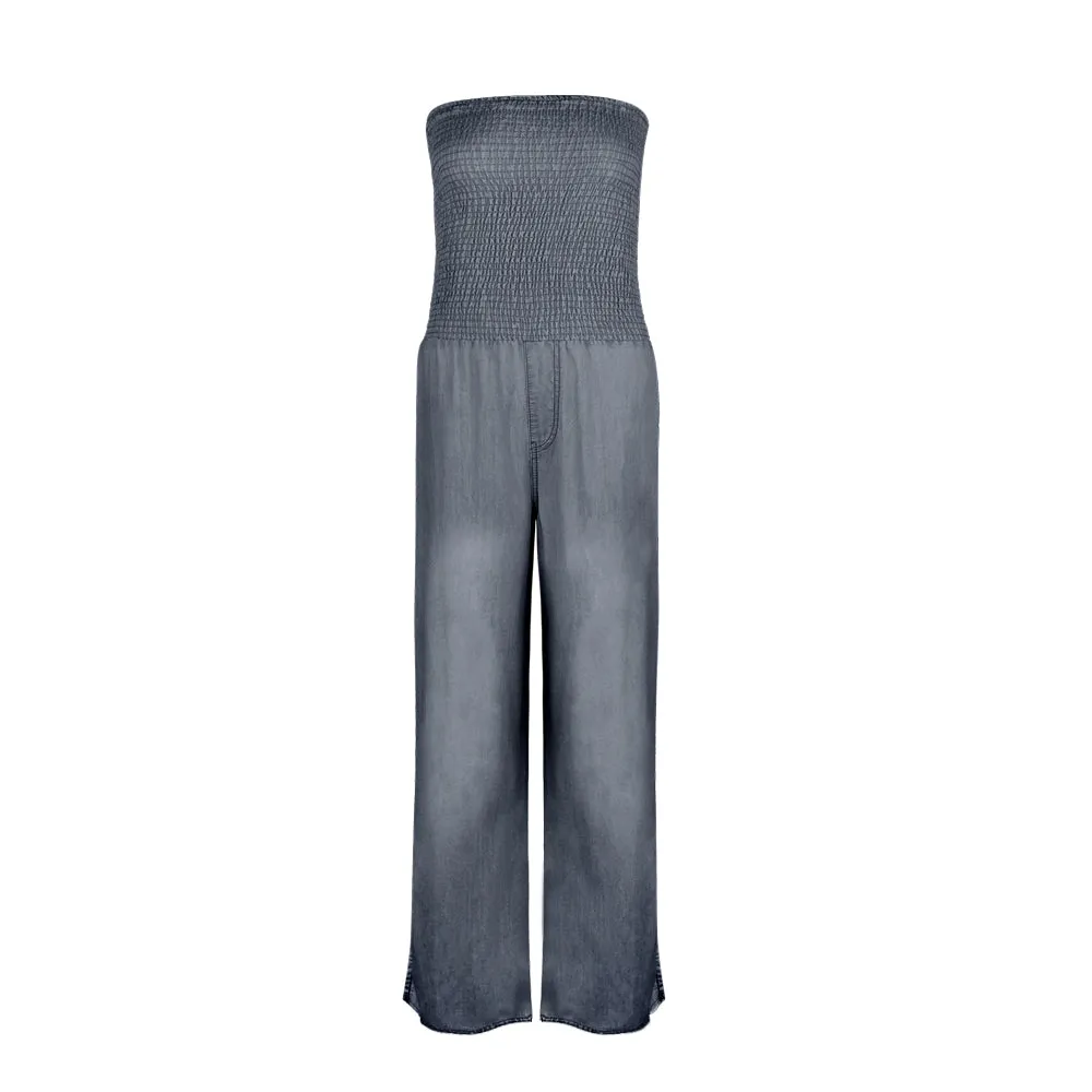 Tube Top Strapless Elastic Waist Slit Leg Denim Jumpsuit