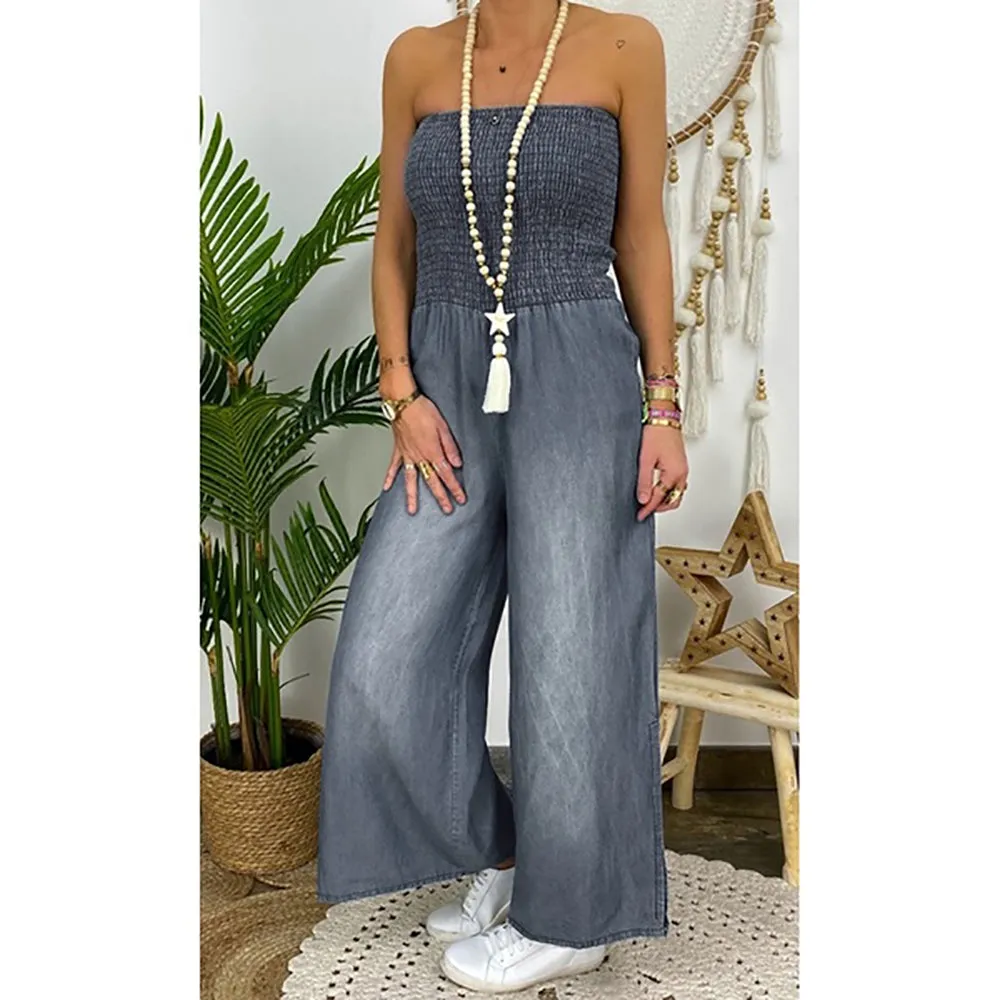 Tube Top Strapless Elastic Waist Slit Leg Denim Jumpsuit