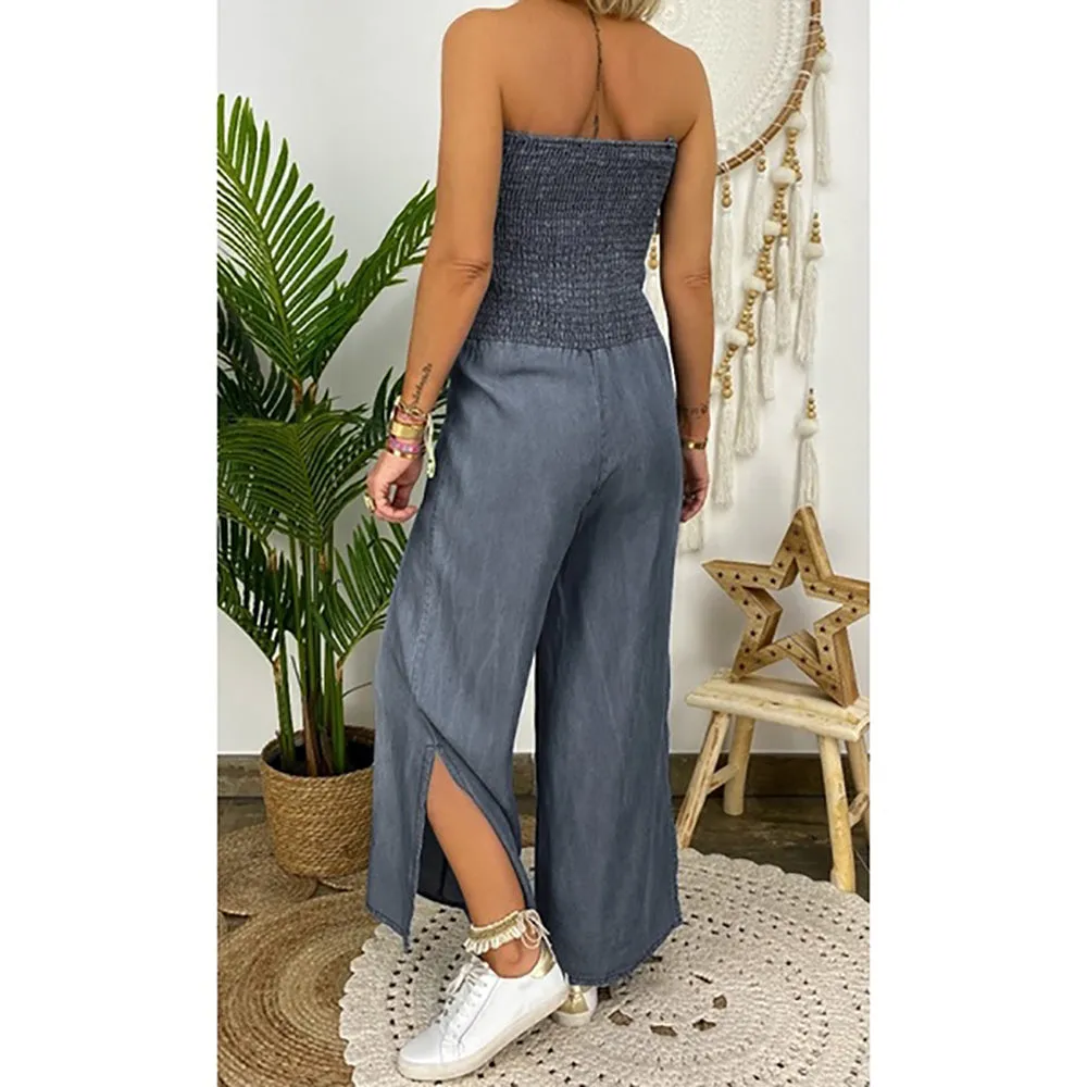 Tube Top Strapless Elastic Waist Slit Leg Denim Jumpsuit