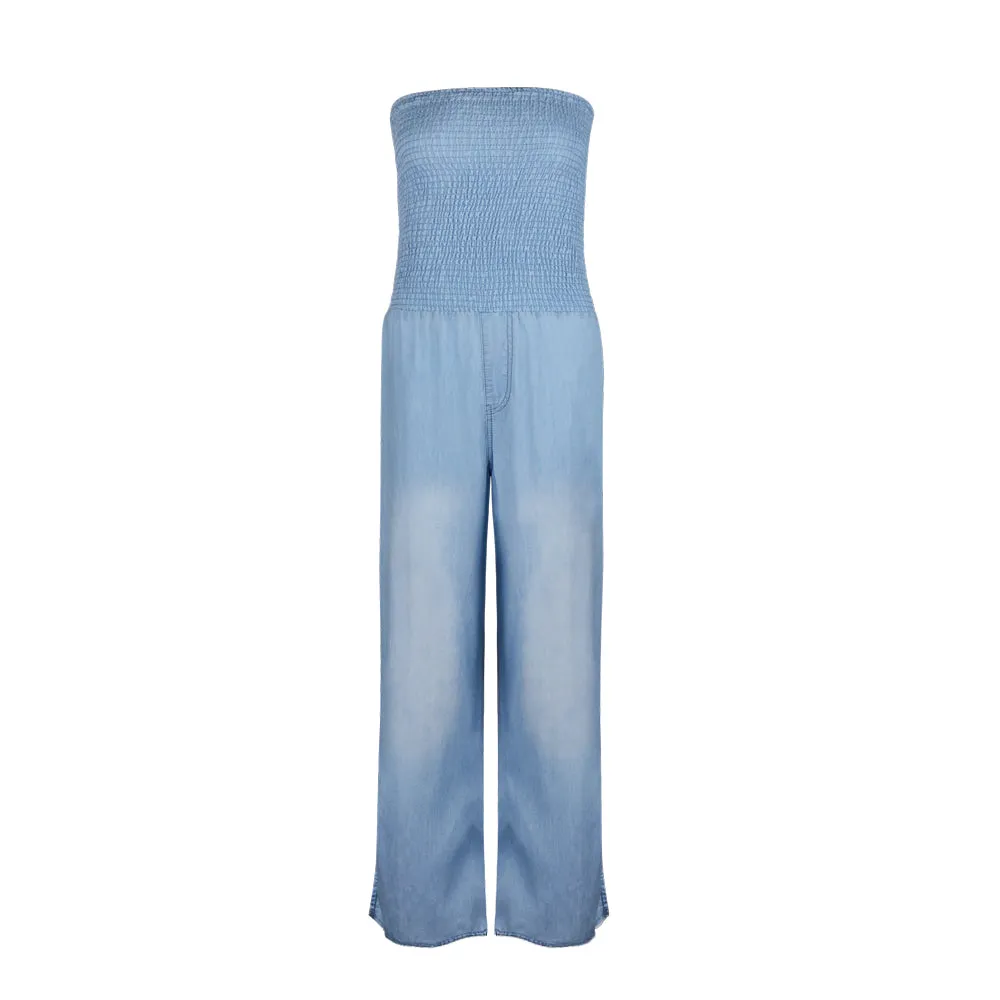 Tube Top Strapless Elastic Waist Slit Leg Denim Jumpsuit