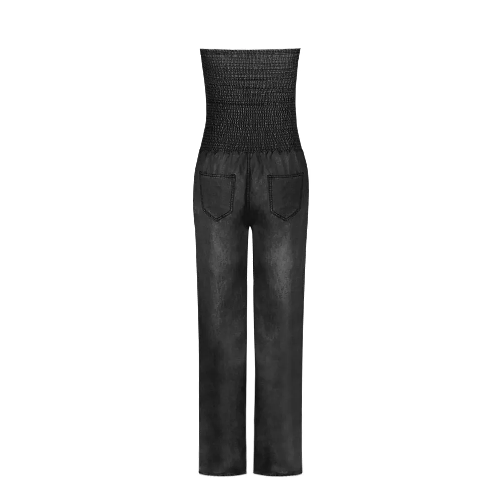 Tube Top Strapless Elastic Waist Slit Leg Denim Jumpsuit