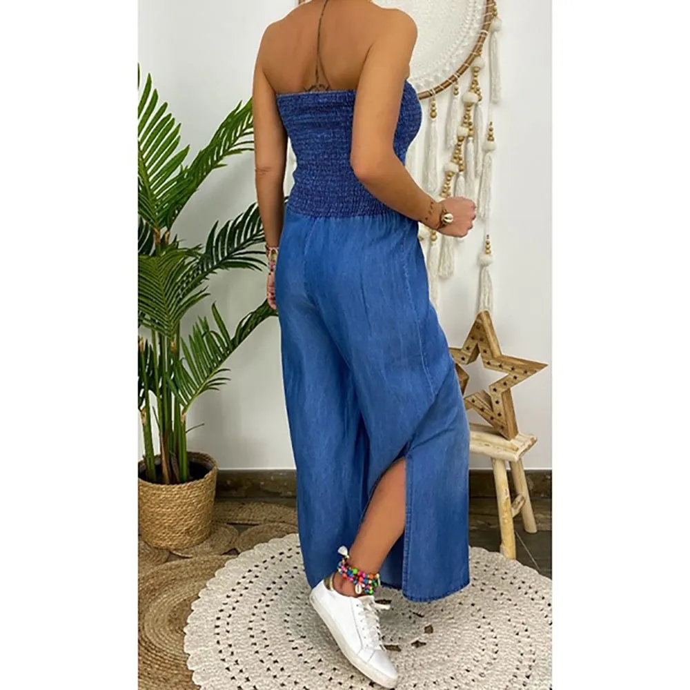 Tube Top Strapless Elastic Waist Slit Leg Denim Jumpsuit