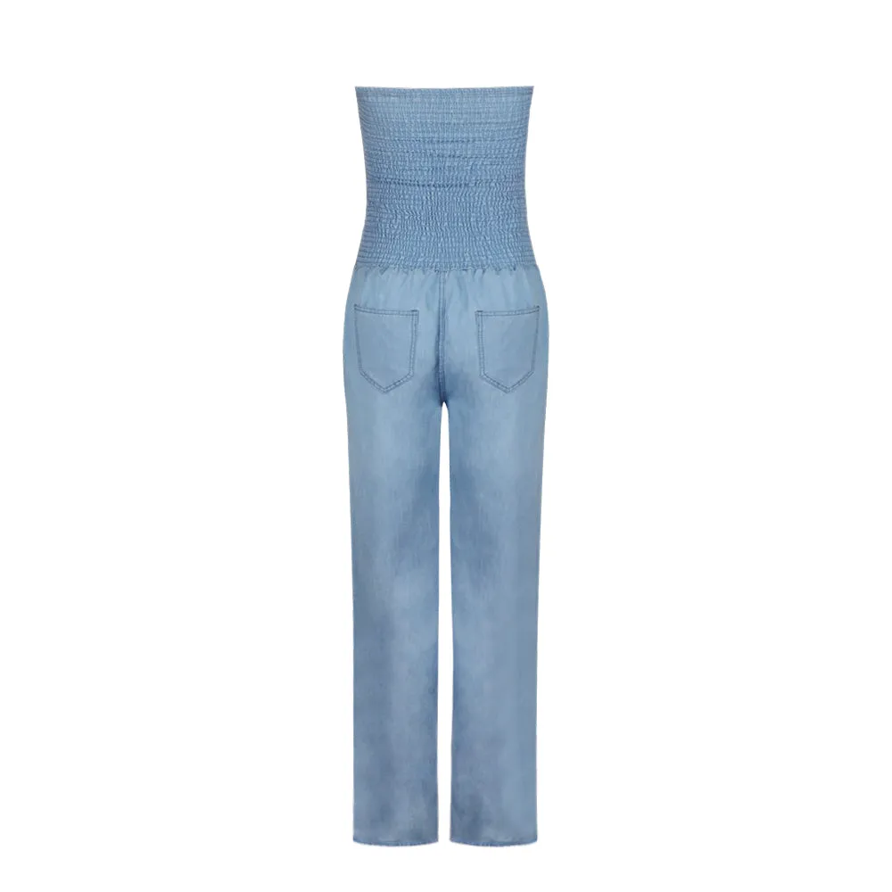 Tube Top Strapless Elastic Waist Slit Leg Denim Jumpsuit