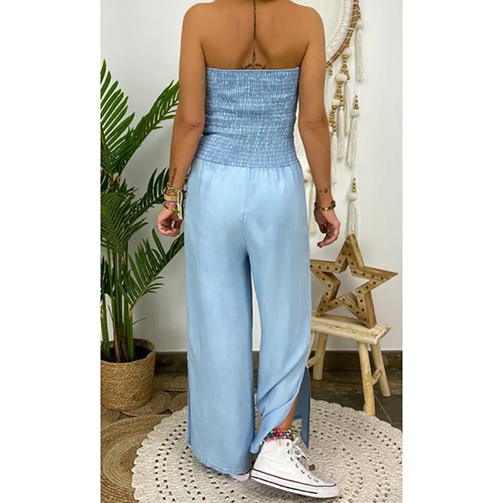Tube Top Strapless Elastic Waist Slit Leg Denim Jumpsuit